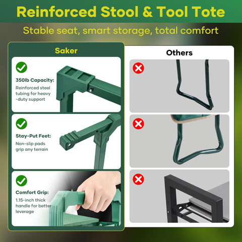 Saker asiento para jardinero en acción, soporte ergonómico