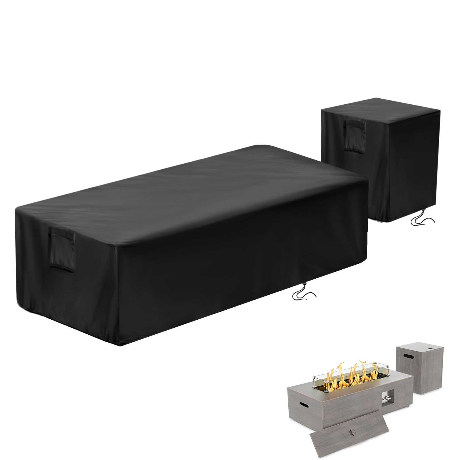 Saking vista frontal de la funda protegiendo la mesa de fuego, protección duradera