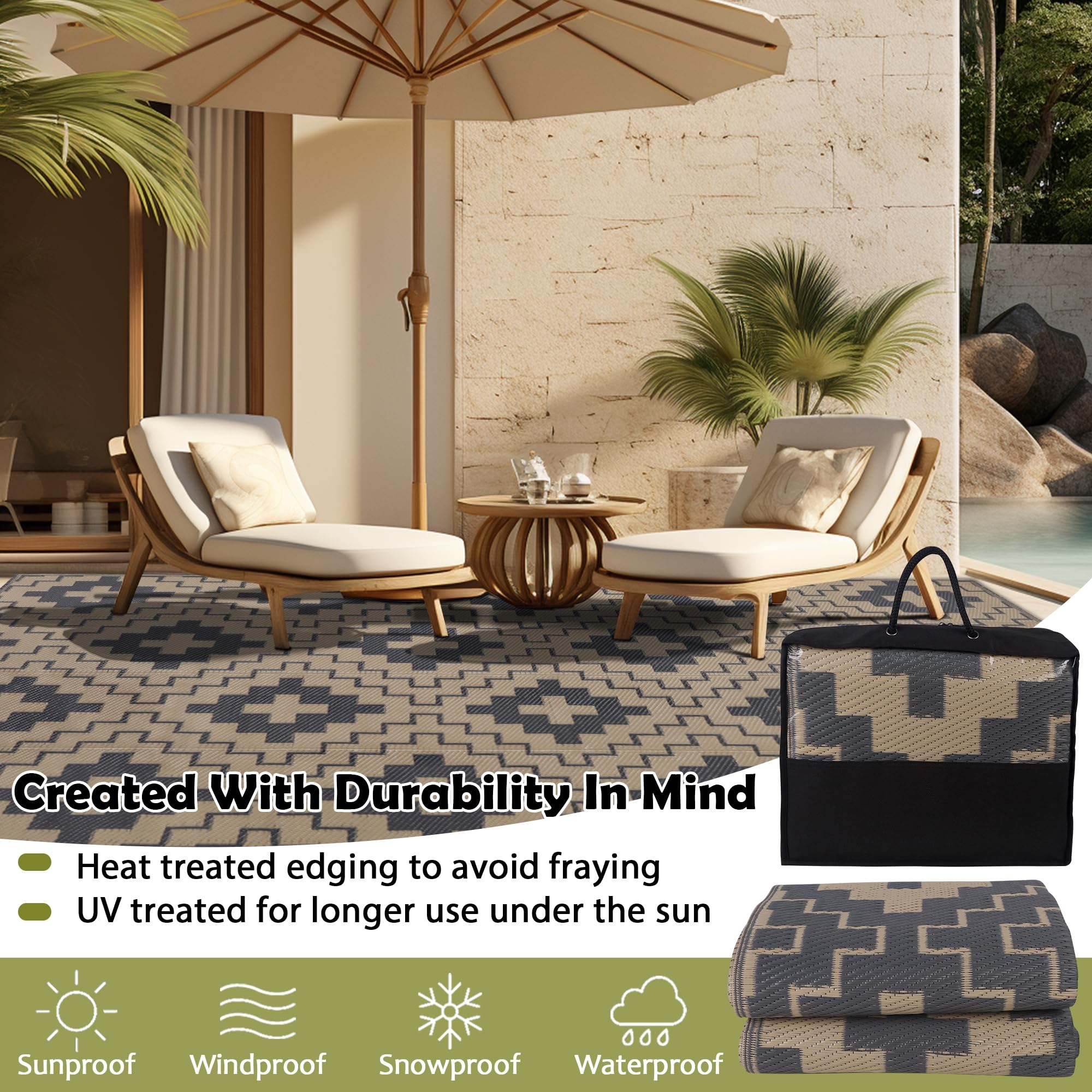 SAND MINE alfombra en uso en terraza con muebles, protege piso y embellece