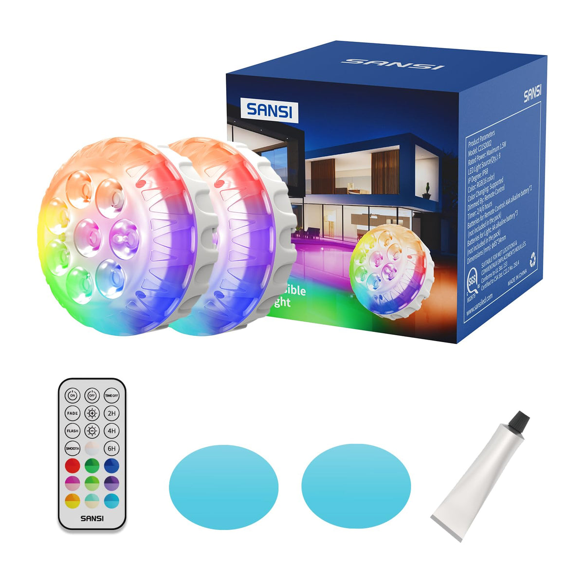 SANSI vista frontal del pack mostrando las dos luces y beneficios de colores vivos