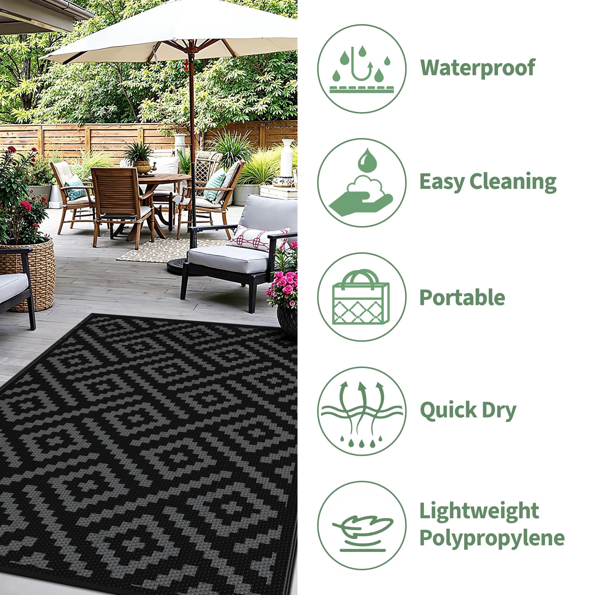 sarben alfombra junto a muebles para comparar tamaño y uso práctico en terrazas