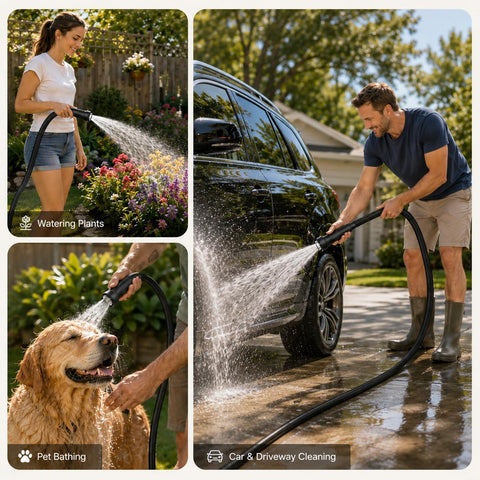 Sartis regando coche, ideal para lavado exterior y limpieza rápida