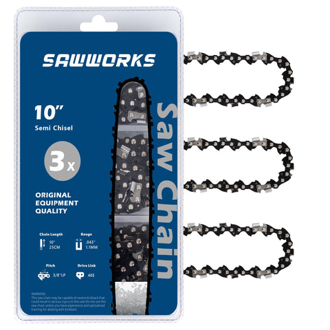 SawWorks empaque frontal de la cadena de 10 pulgadas mostrando especificaciones