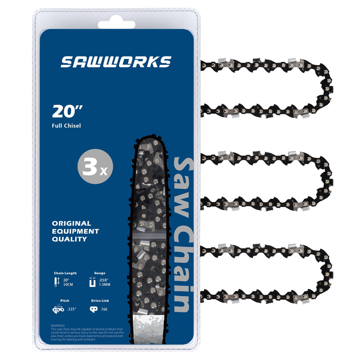 SawWorks empaque frontal del paquete de 3 cadenas mostrando el tamaño y especificaciones