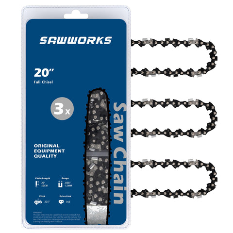 SawWorks empaque frontal del paquete de 3 cadenas mostrando el tamaño y especificaciones