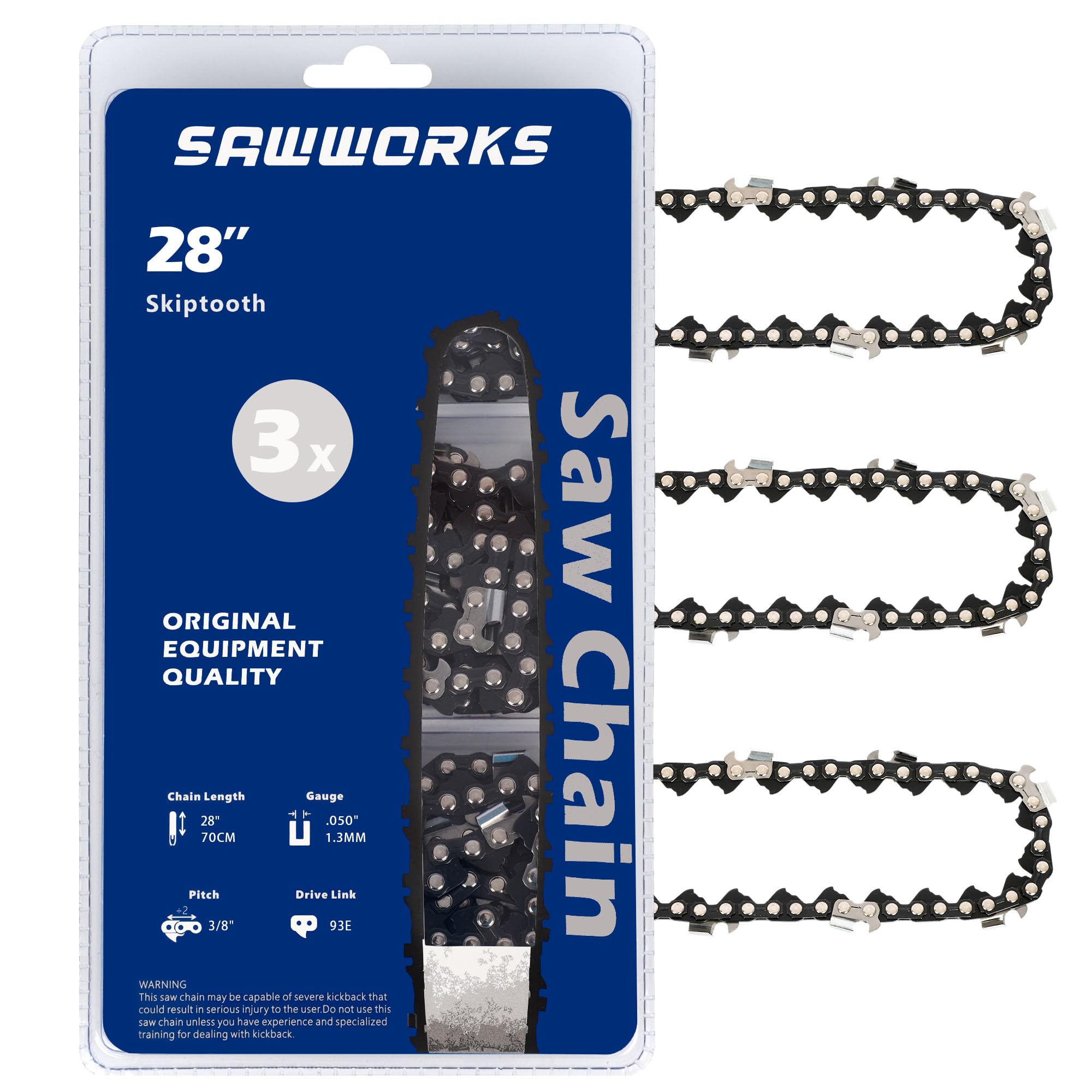 SawWorks empaque frontal de la cadena 28" muestra especificaciones y beneficio duradero