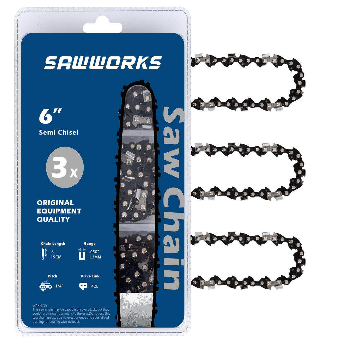 SawWorks vista frontal del empaque y cadena, calidad y compatibilidad clara