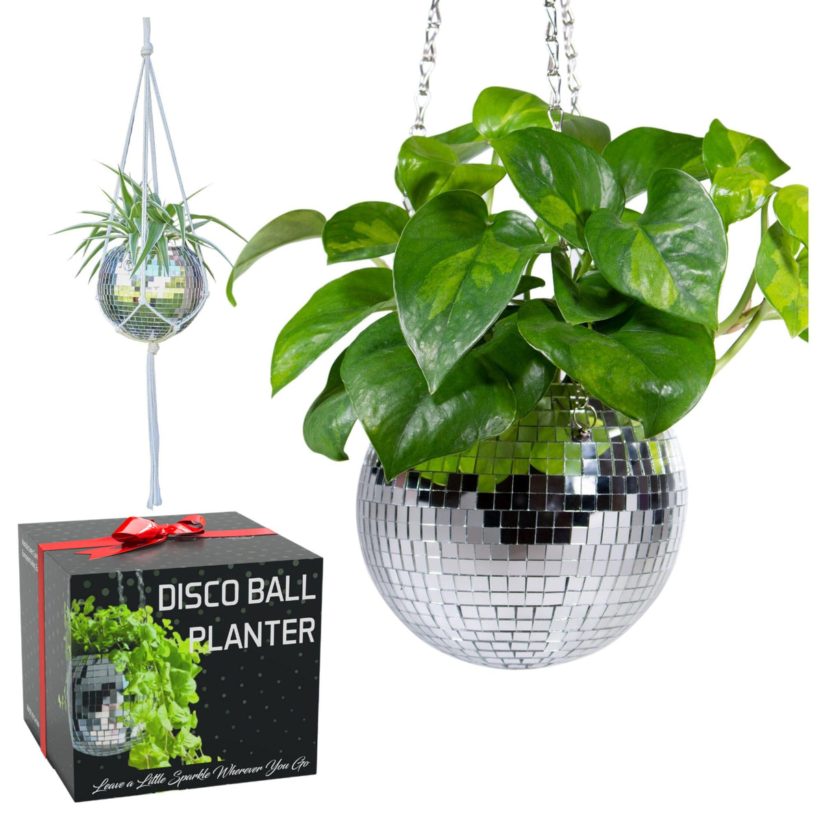 SCANDINORDICA maceta disco ball frontal mostrando acabado plateado y brillo decorativo