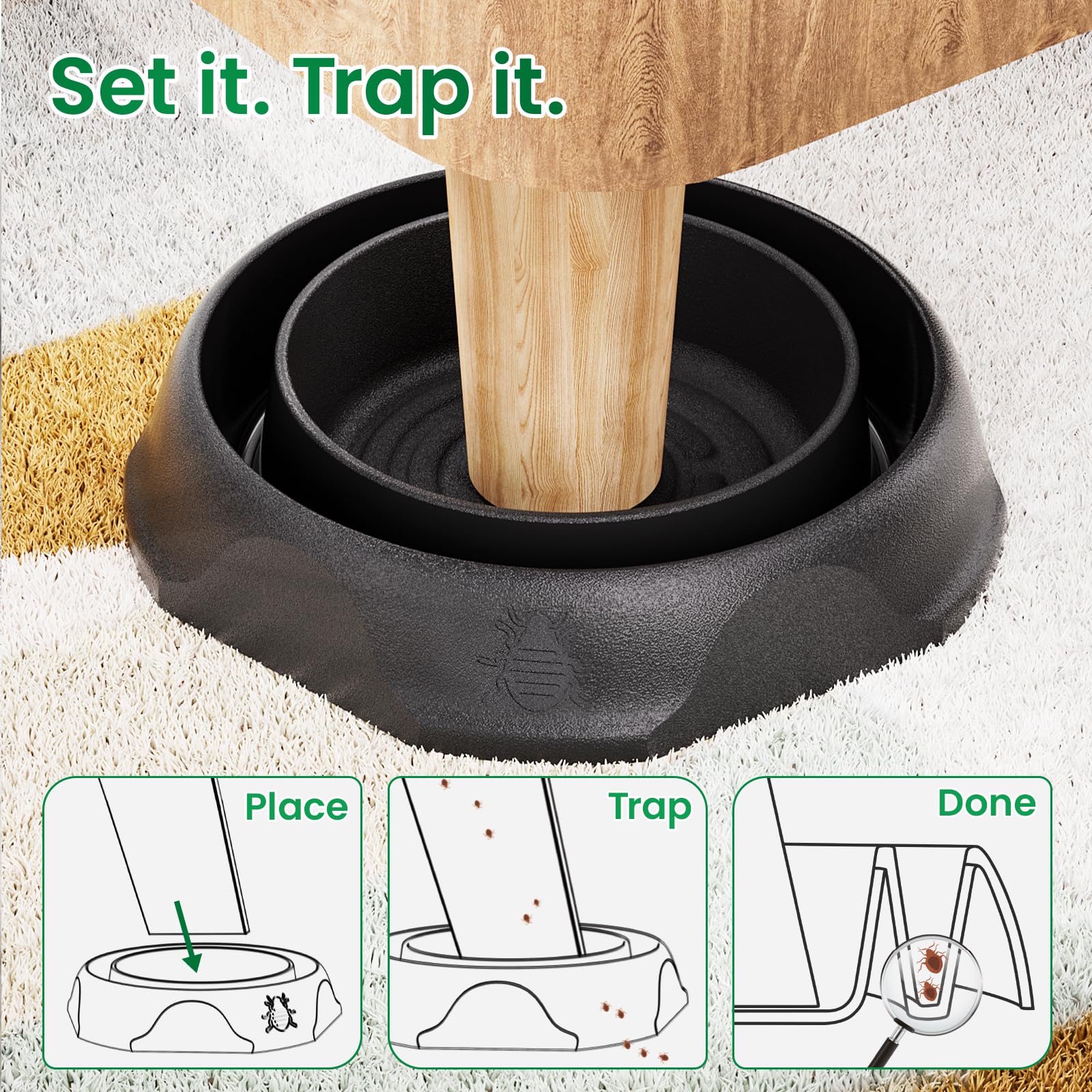 Schadro trampa colocada bajo pata de sofá para protección en sala