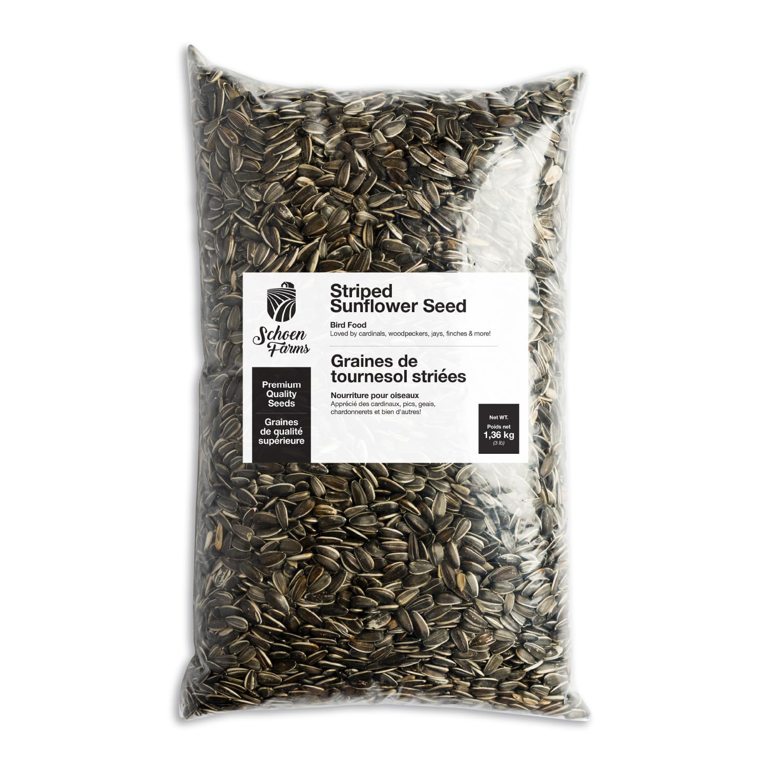 Schoen Farms bolsa frontal mostrando marca y tamaño 3 lb, práctico para almacenamiento