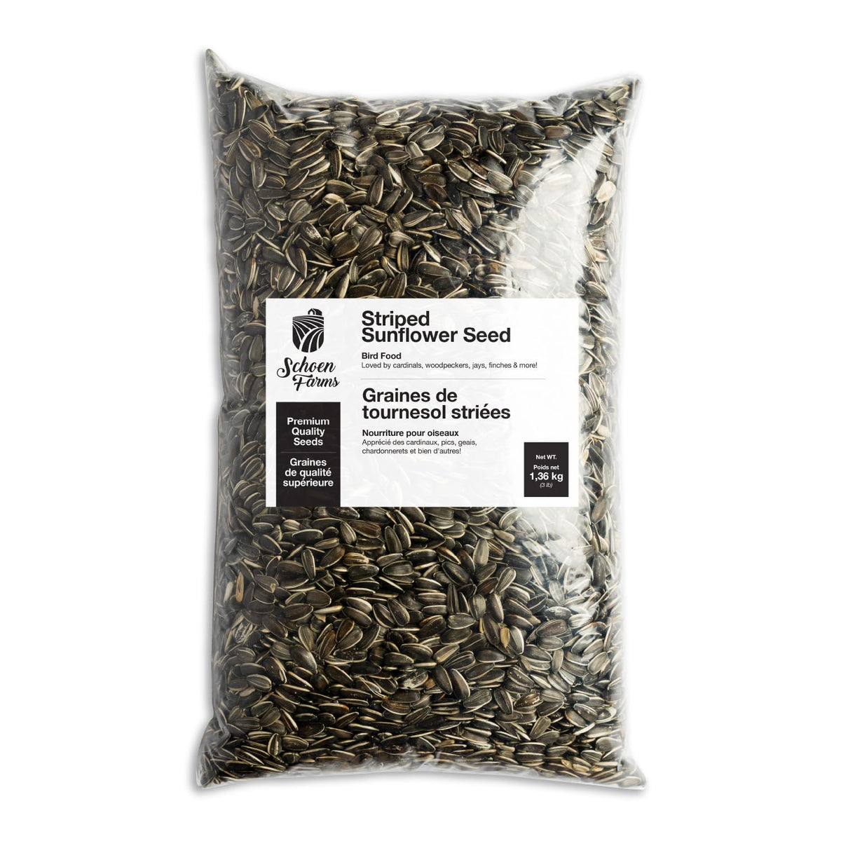 Schoen Farms bolsa frontal mostrando marca y tamaño 3 lb, práctico para almacenamiento