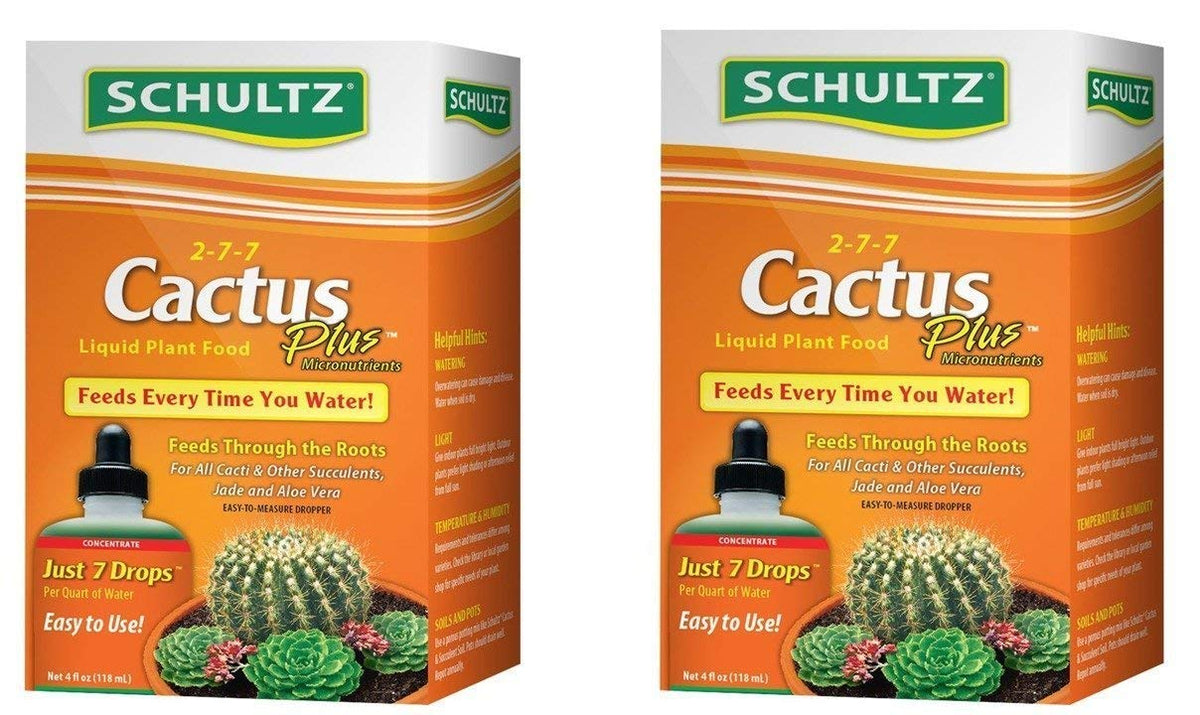 Schultz botella frontal mostrando etiqueta y beneficios para suculentas