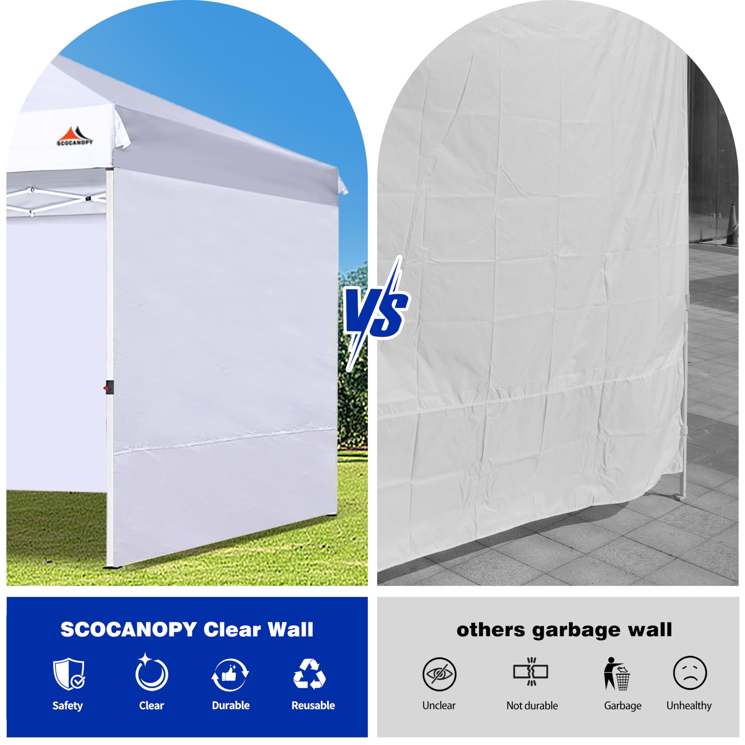 SCOCANOPY panel lateral instalado en toldo demostrando protección contra viento y lluvia