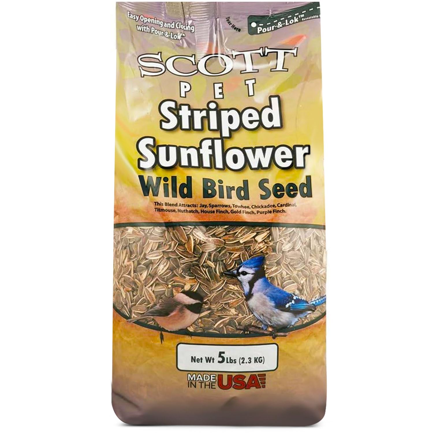 Scott Pet bolsa frontal de 5 lb mostrando semillas sin cáscara y fácil almacenamiento