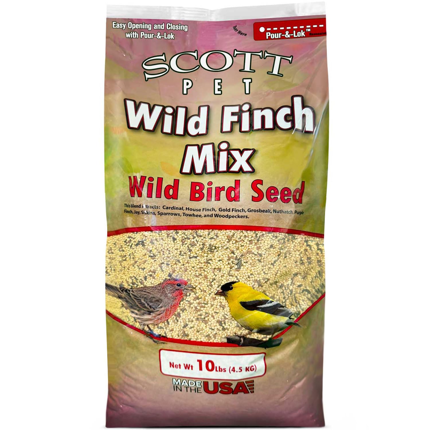 Scott Pet paquete frontal de la mezcla Wild Finch Mix mostrando el sello y peso 10 lb