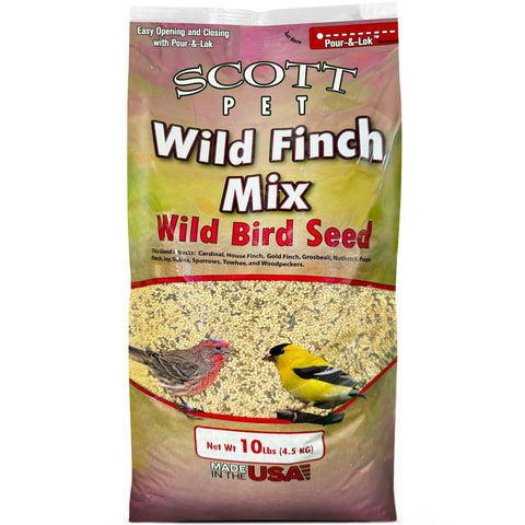 Scott Pet paquete frontal de la mezcla Wild Finch Mix mostrando el sello y peso 10 lb