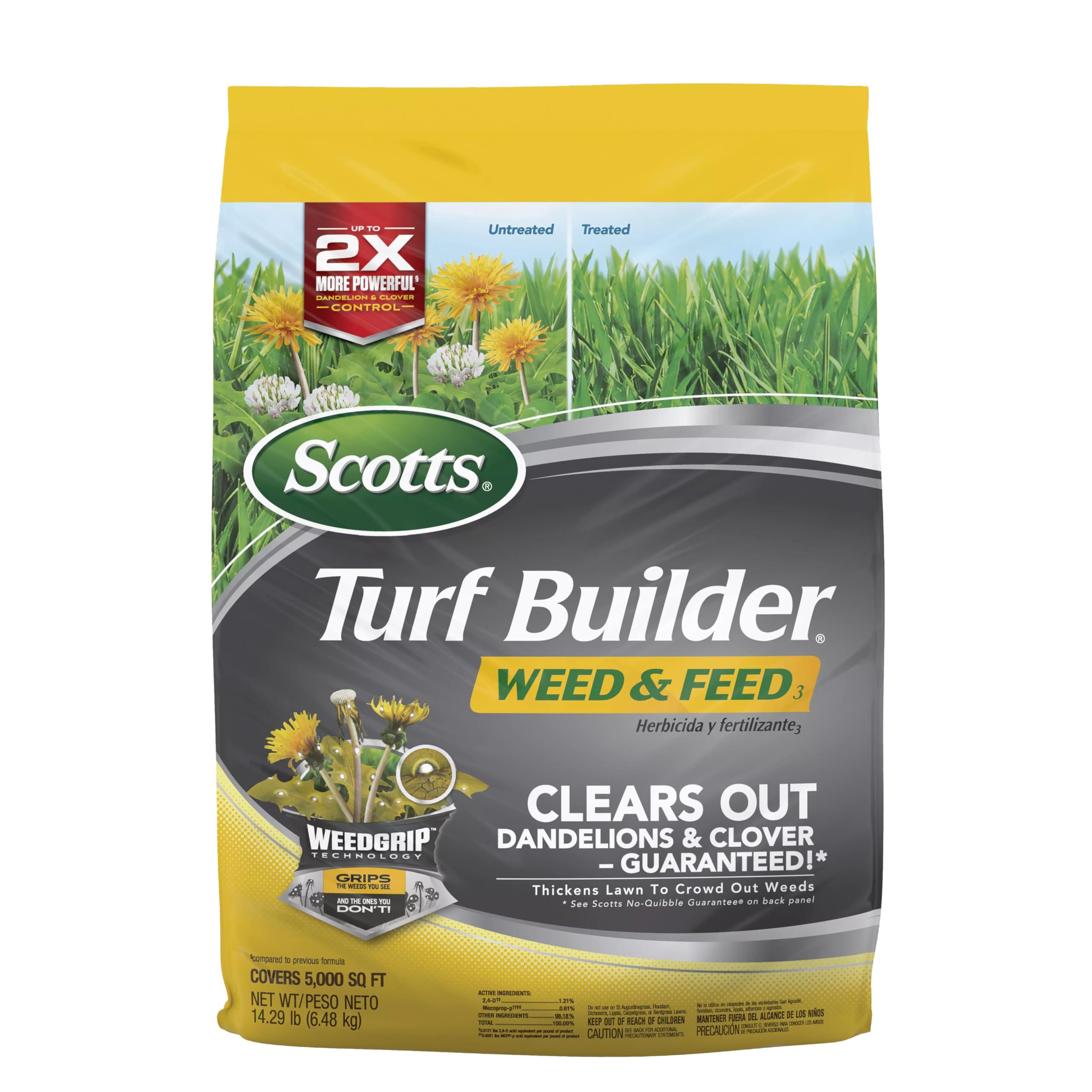 Scotts bolsa frontal del producto mostrando marca y tamaño 14.29 lb, beneficio de cobertura