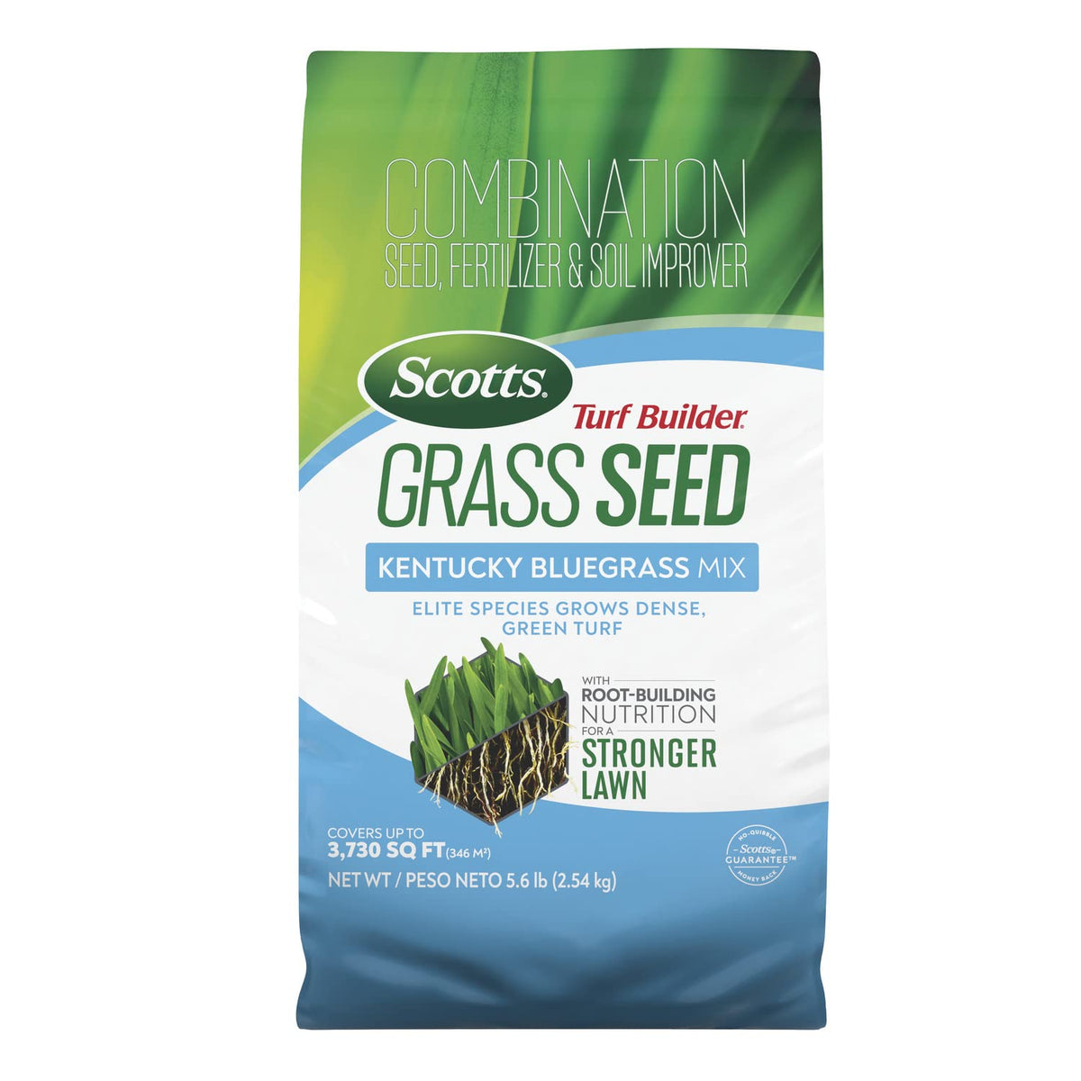 Scotts bolsa frente mostrando la mezcla Kentucky Bluegrass, facilita elección correcta