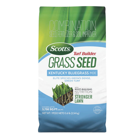 Scotts bolsa frente mostrando la mezcla Kentucky Bluegrass, facilita elección correcta