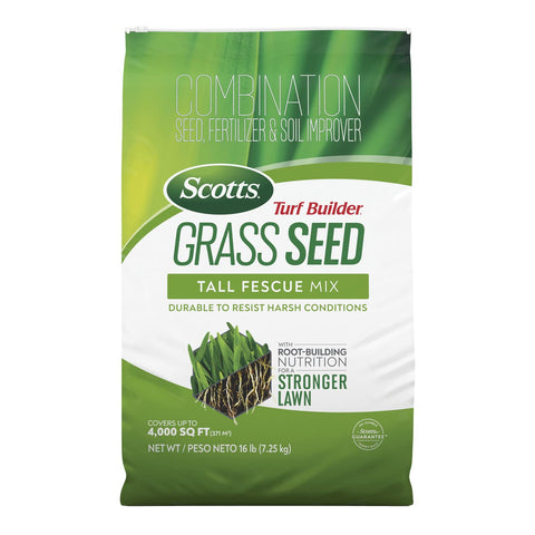 Scotts bolsa frontal Turf Builder Tall Fescue muestra empaque y beneficio de durabilidad