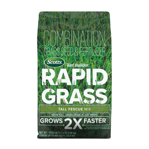 Scotts bolsa frontal Turf Builder Rapid Grass mostrando marca y beneficio de crecimiento rápido