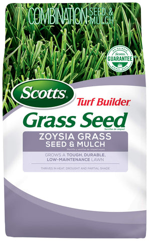Scotts bolsa frontal Zoysia mostrando marca y beneficio de césped resistente