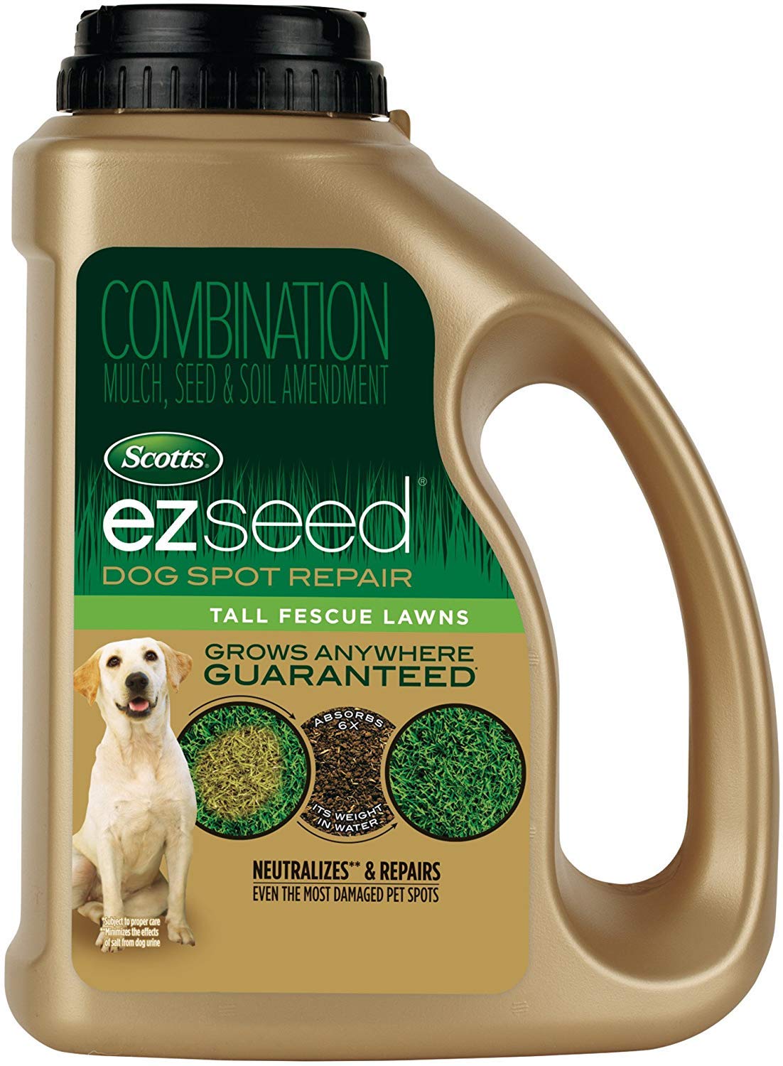 Scotts envase frontal 2 lb mostrando mezcla para reparar manchas de perro, solución lista para usar