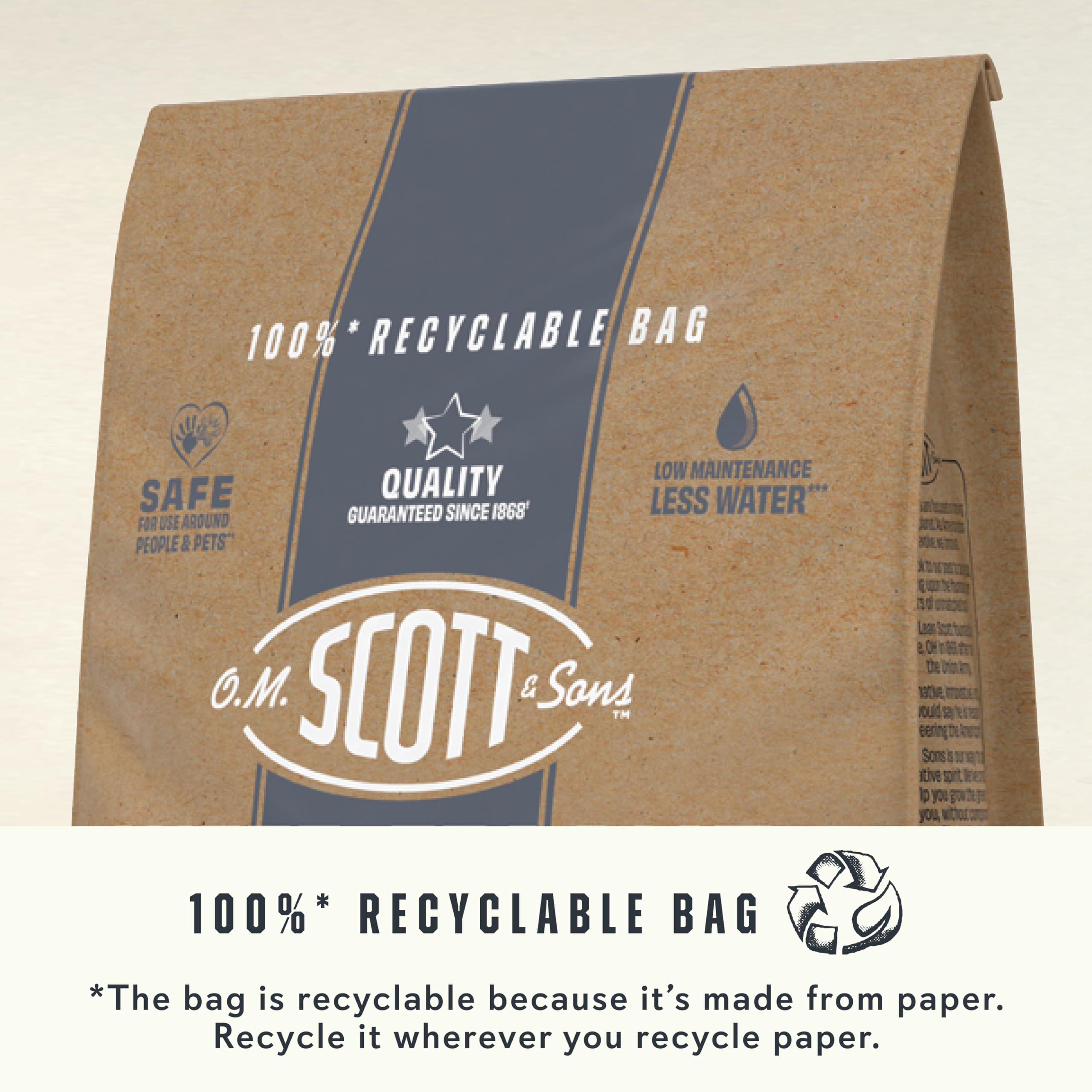 Scotts O.M. Scott mano sujetando bolsa para comparar tamaño y cobertura
