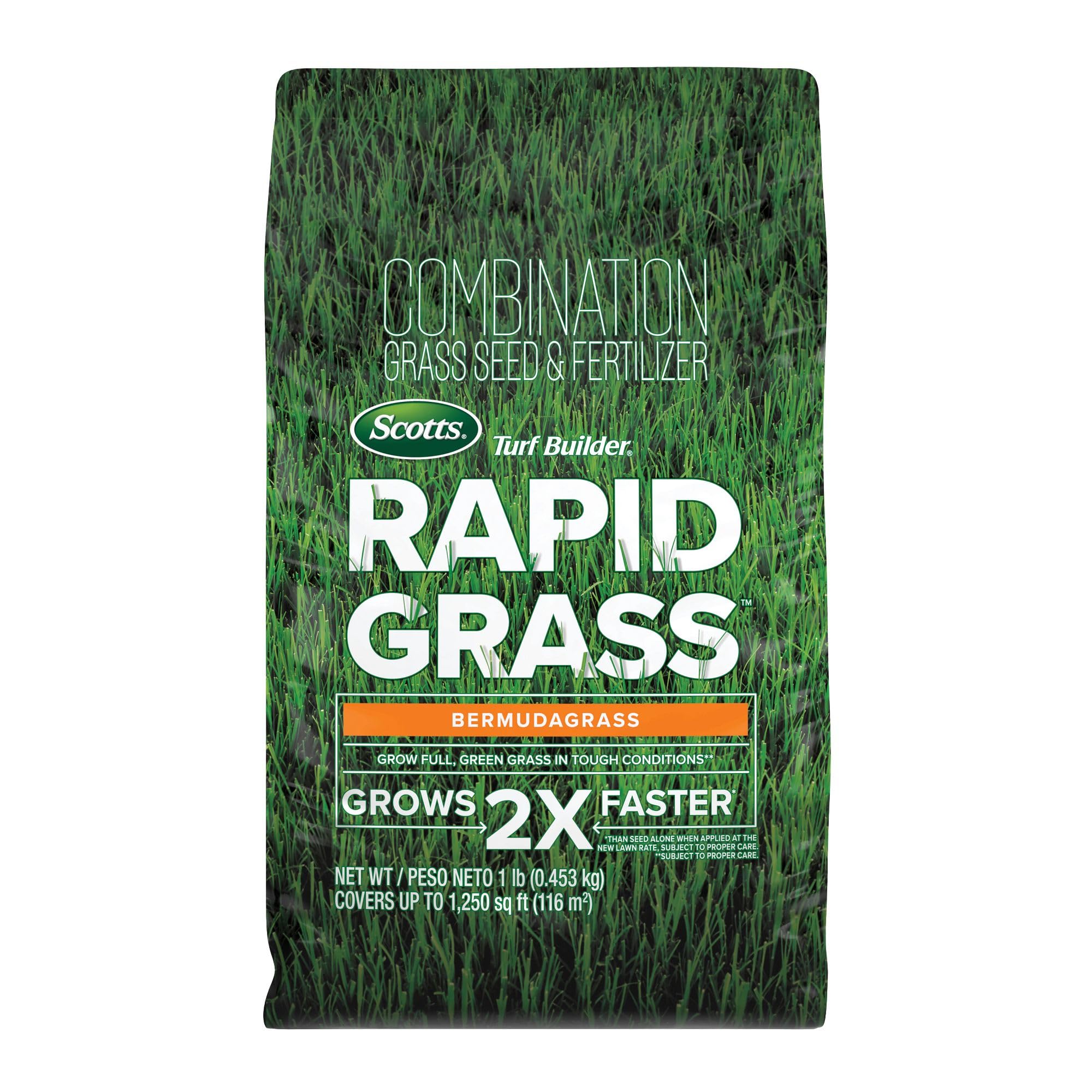 Scotts envase frontal mostrando Rapid Grass Bermudagrass y facilidad de uso
