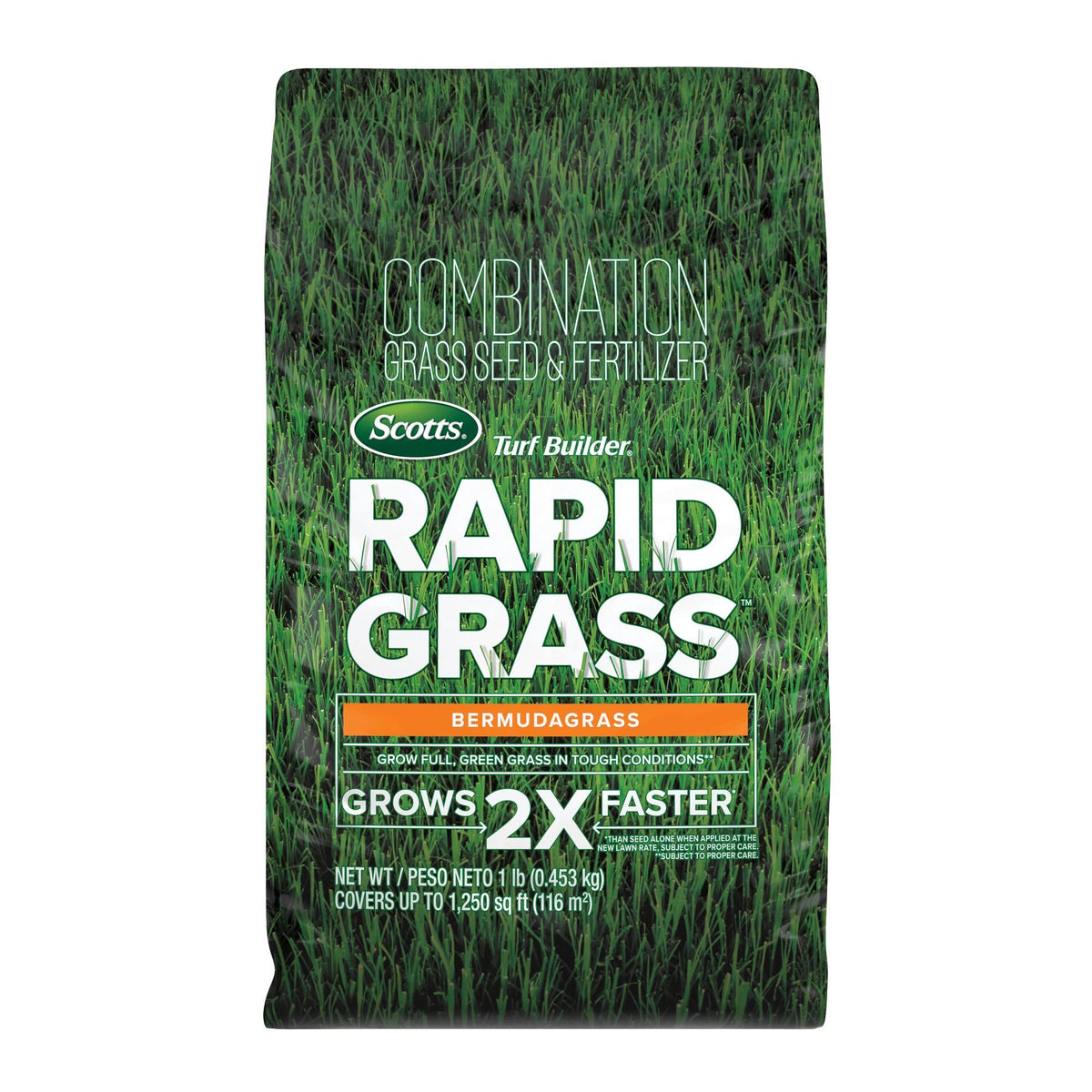 Scotts envase frontal mostrando Rapid Grass Bermudagrass y facilidad de uso