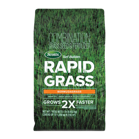Scotts envase frontal mostrando Rapid Grass Bermudagrass y facilidad de uso