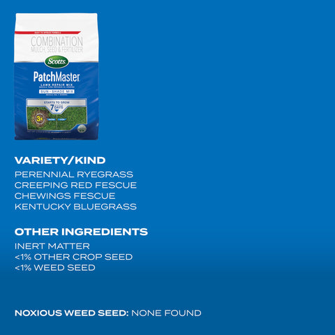 Scotts PatchMaster etiqueta informativa con instrucciones y ingredientes visibles