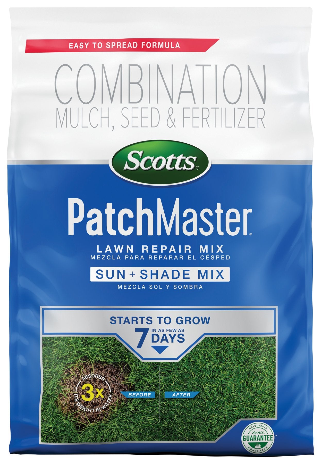 Scotts PatchMaster frente del envase mostrando mezcla completa y beneficios