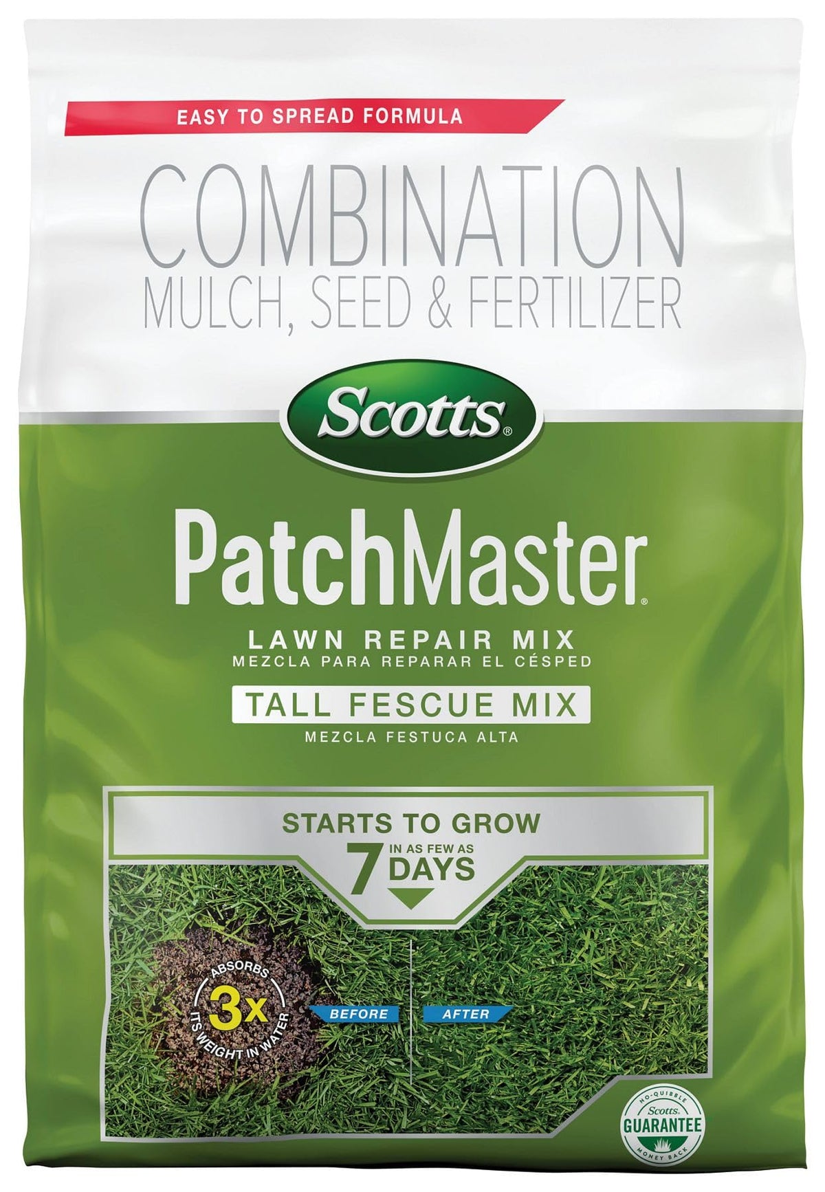 Scotts saco 10 lb frente del empaque mostrando producto y beneficio de reparación rápida