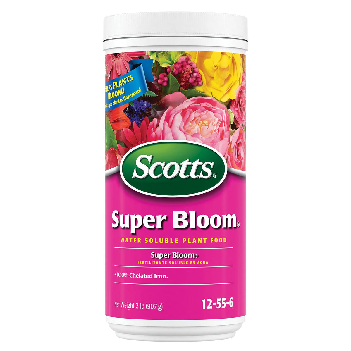 Scotts Super Bloom frente del empaque mostrando 2 lb y beneficio de floración