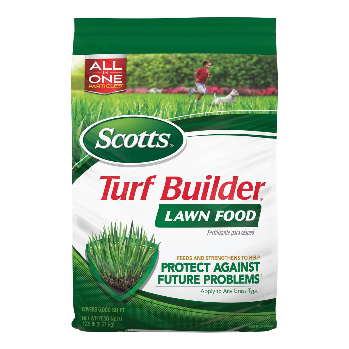 Scotts paquete frontal mostrando marca y beneficio de césped fuerte