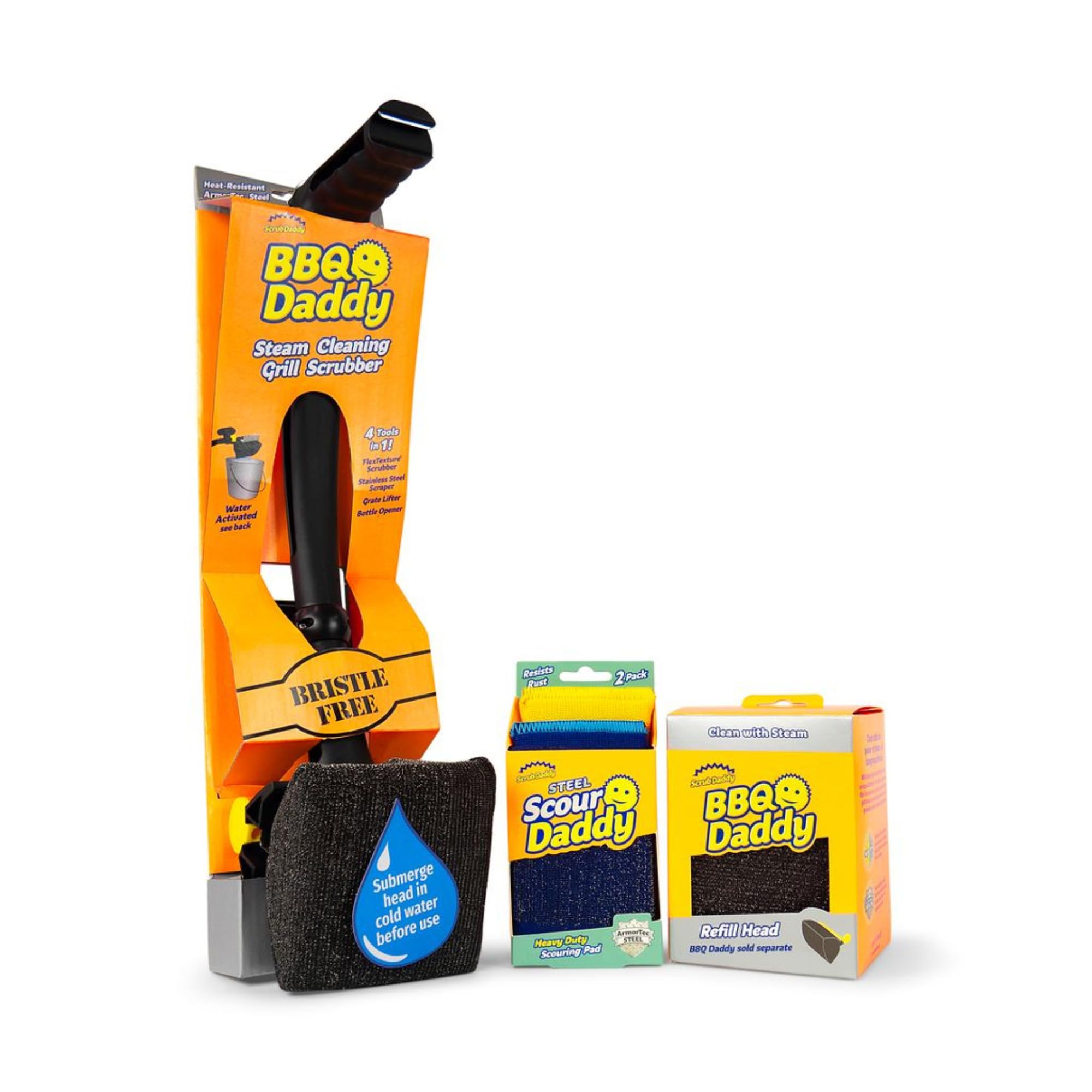 Scrub Daddy vista frontal del empaque mostrando el kit completo y beneficios