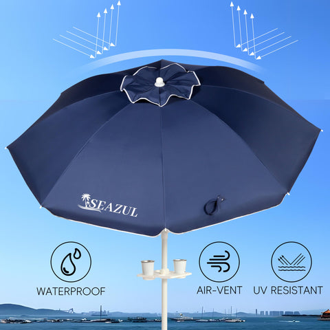 Seazul sombrilla extendida en playa proporciona amplia sombra y protección