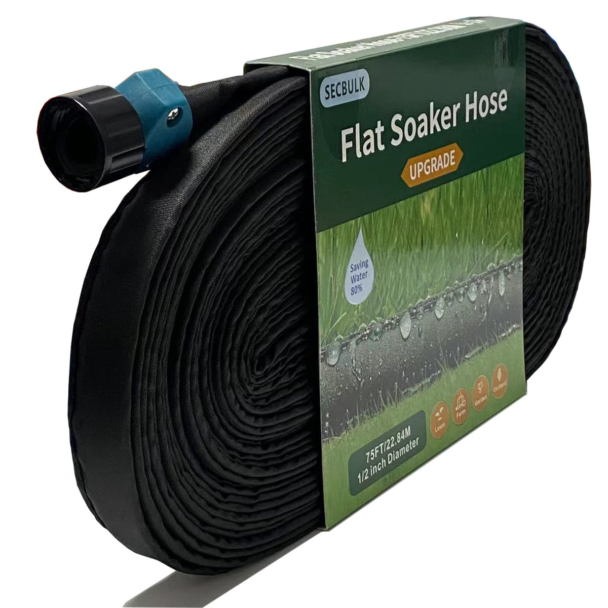 Secbulk manguera empapadora plana frontal mostrando su perfil y longitud, ahorro de agua