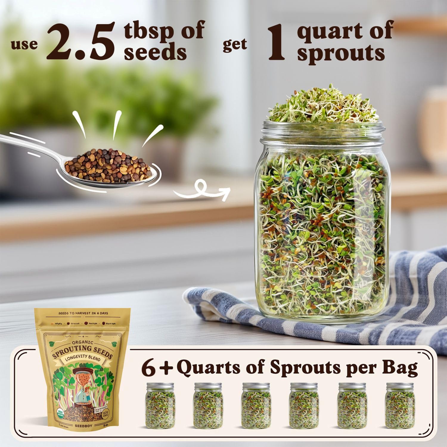 Seedboy brotes en frasco listos para consumo, mostrando frescura y conveniencia