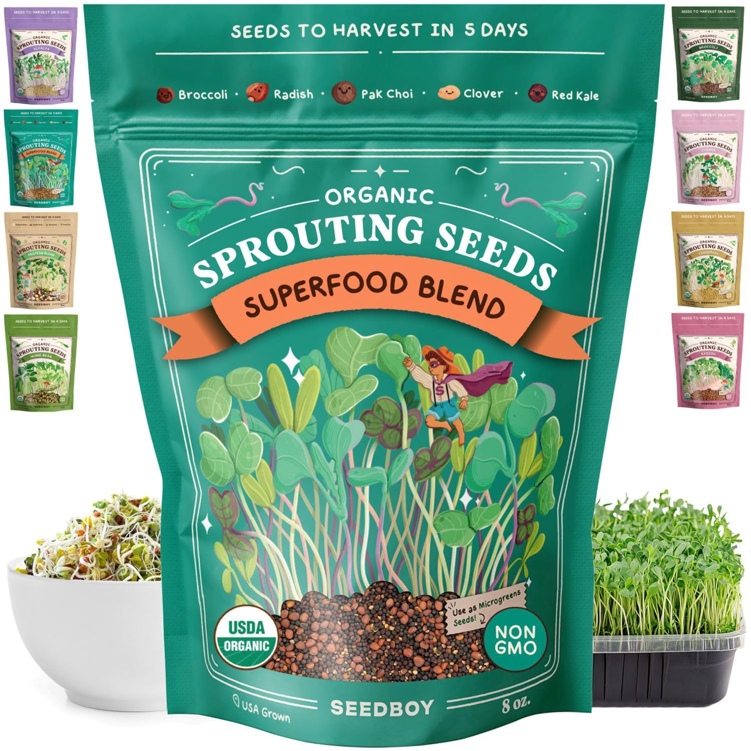 Seedboy embalaje frontal mostrando mezcla superfood y beneficios orgánicos