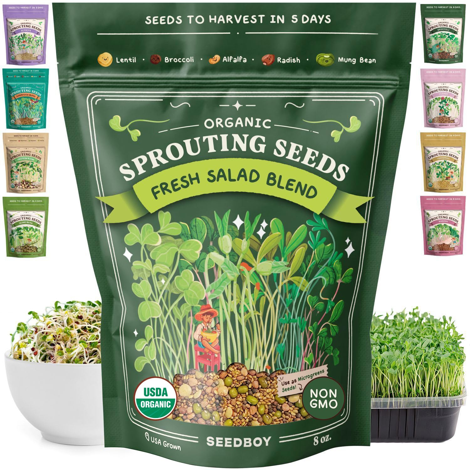 Seedboy empaque frontal mostrando mezcla ensalada y certificación orgánica