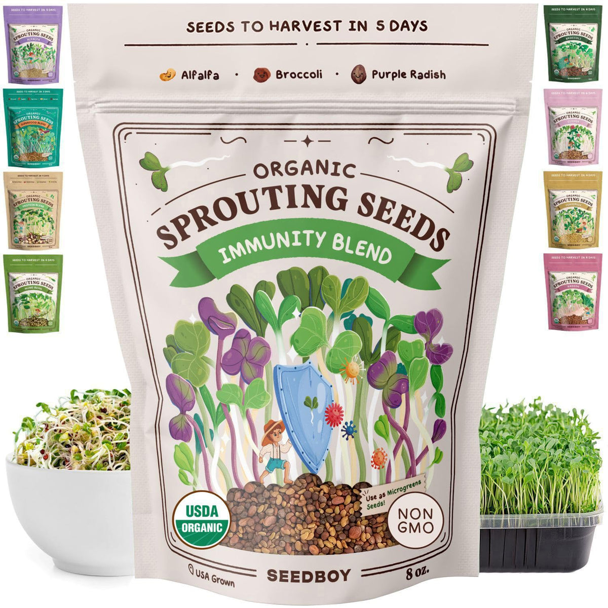 Seedboy frente del empaque mostrando la mezcla inmunidad y beneficios frescura