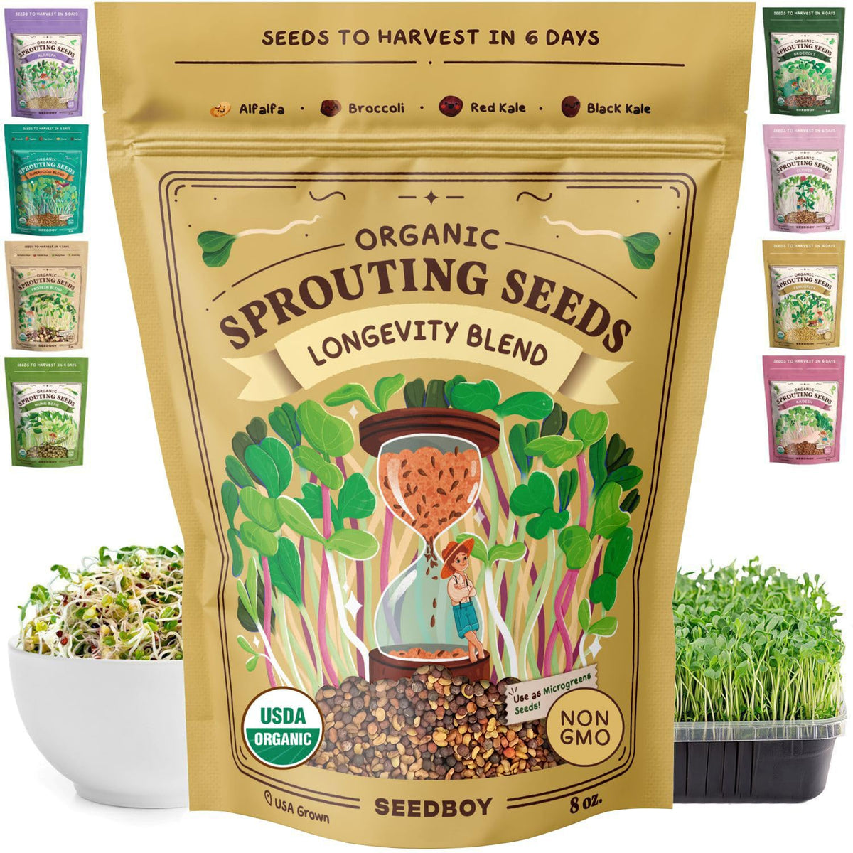 Seedboy frontal del envase de la mezcla Longevity mostrando diseño y contenido