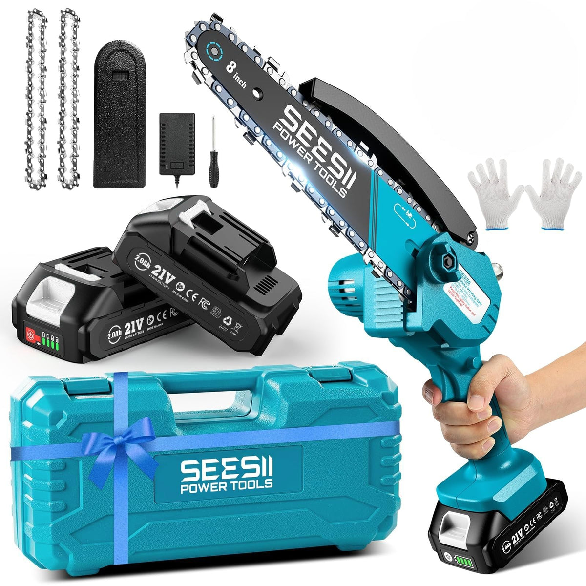 SEESII motosierra 8" frontal mostrando ergonomía y tamaño compacto para control
