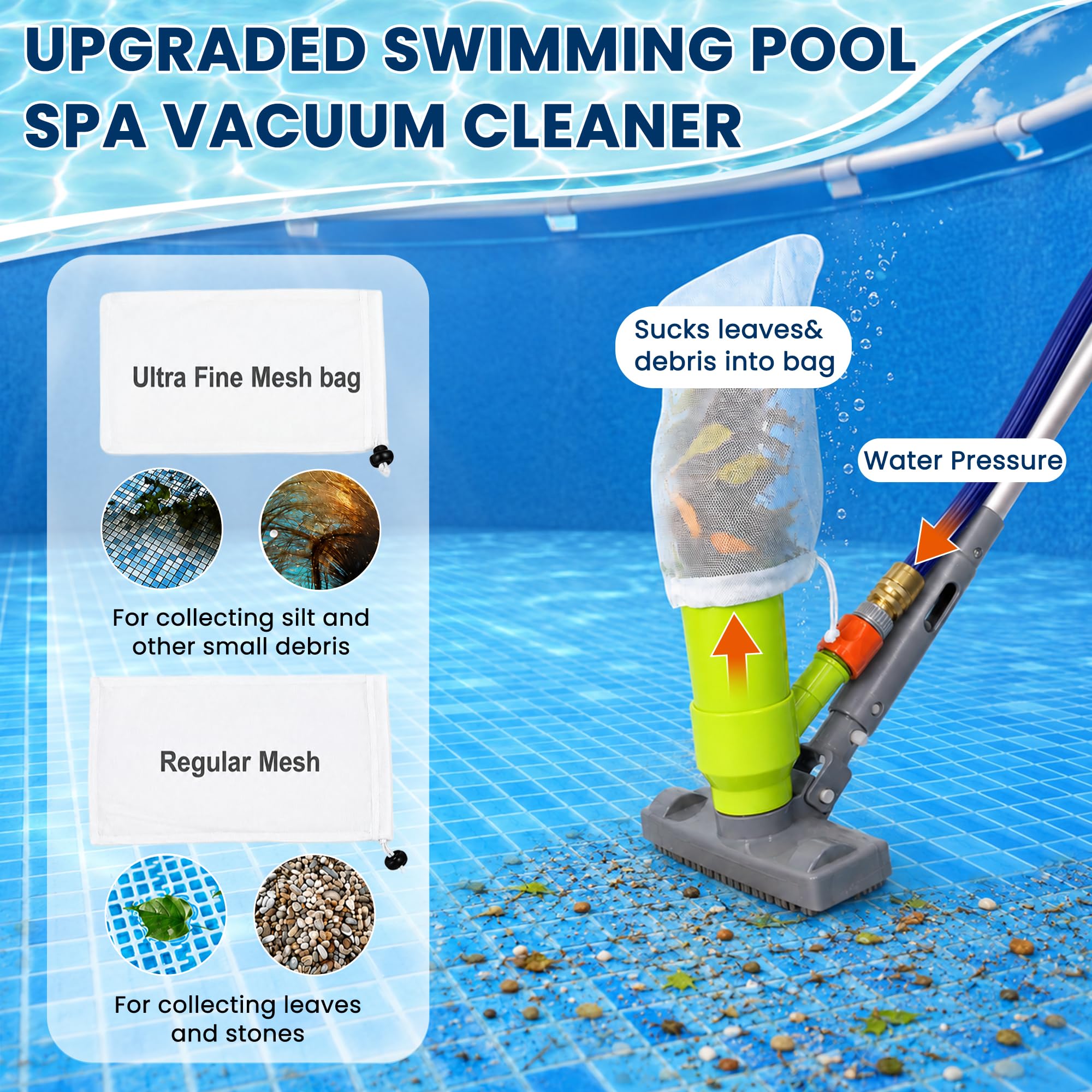 Sepetrel red semi‑profunda recogiendo hojas en piscina, captura más residuos por pasada