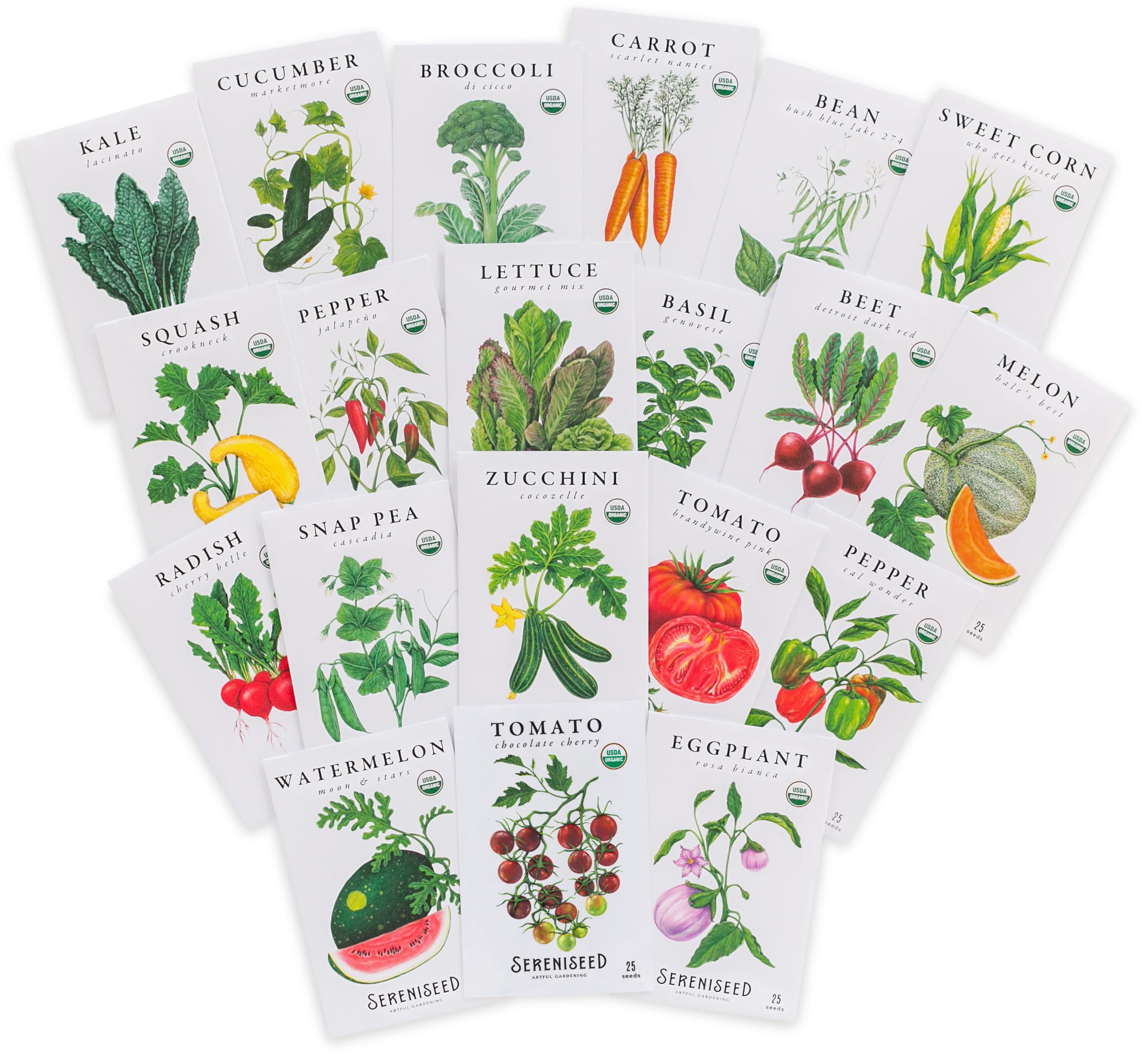 Sereniseed empaque frontal mostrando 20 variedades y sello orgánico