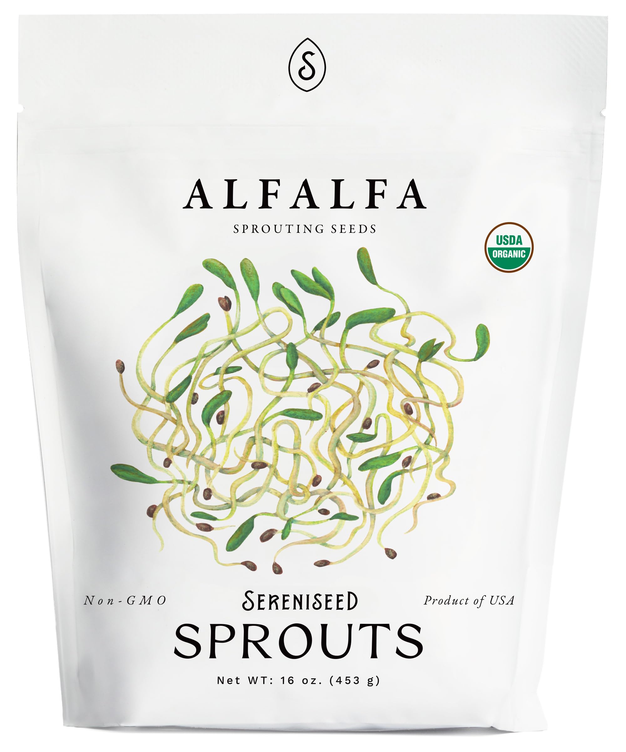 Sereniseed paquete frontal de alfalfa mostrando etiqueta orgánica y beneficio de calidad