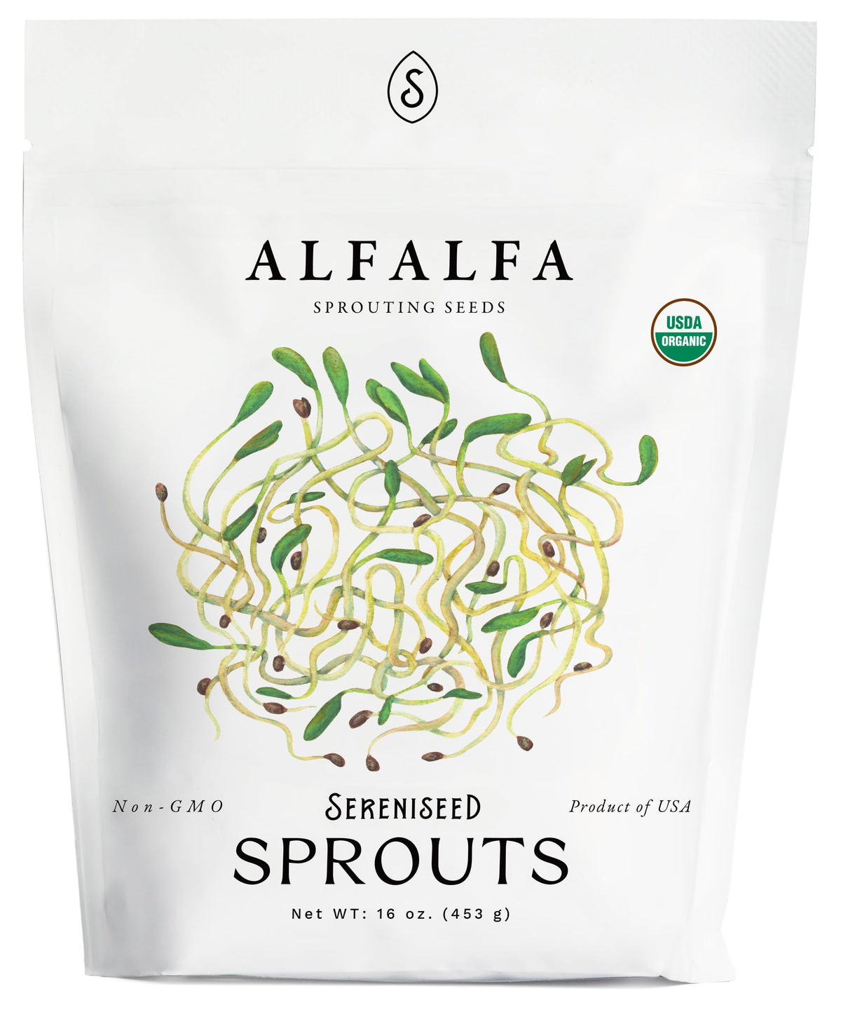 Sereniseed paquete frontal de alfalfa mostrando etiqueta orgánica y beneficio de calidad