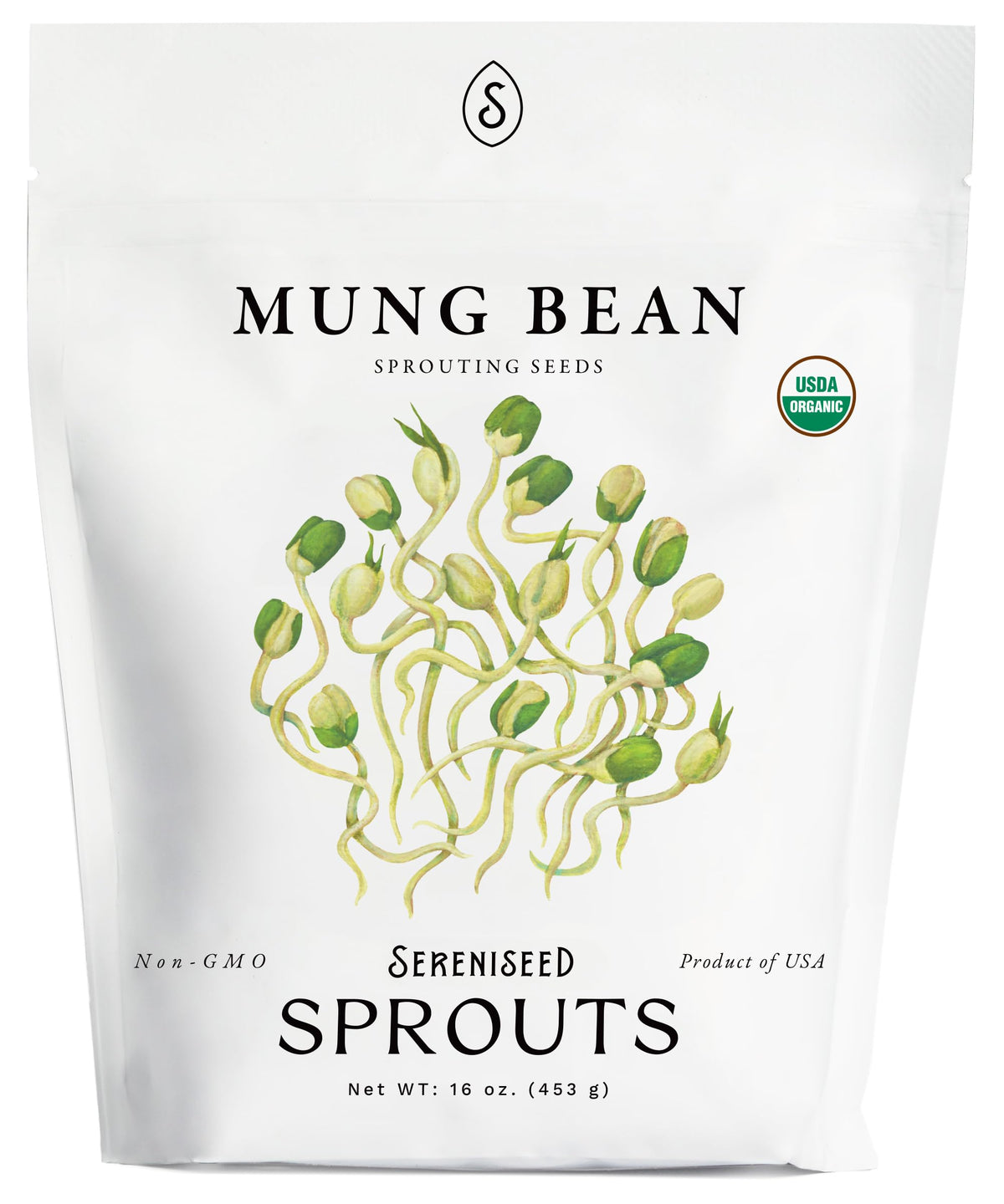 Sereniseed envase frontal de semillas de mungo con información y beneficio de germinación